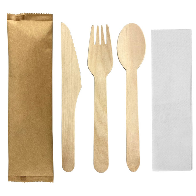 A wooden cutlery set featuring a knife, fork, and spoon in light wood tones, accompanied by a napkin and packaging.