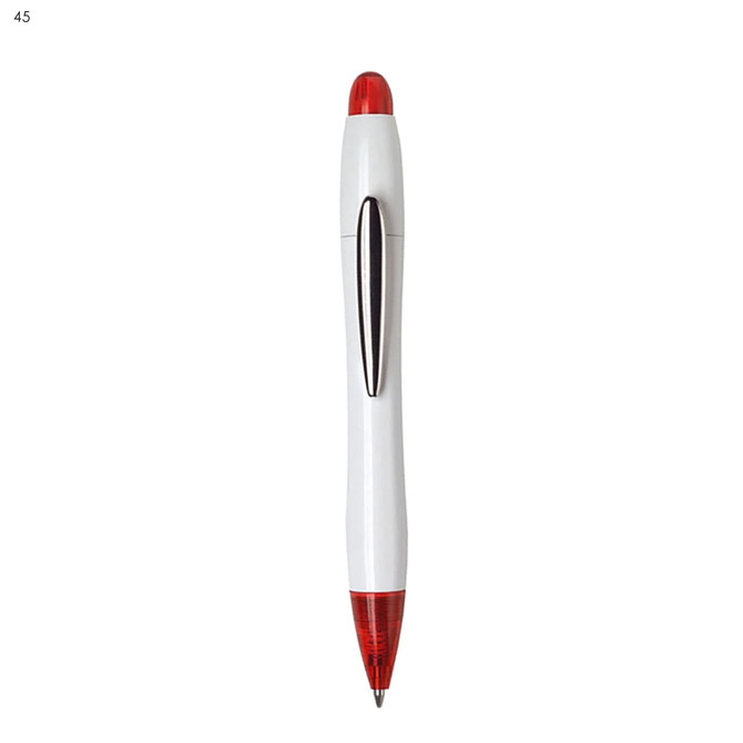 A plastic pen in white with a red tip and accents, featuring a sleek design and a metal clip.
