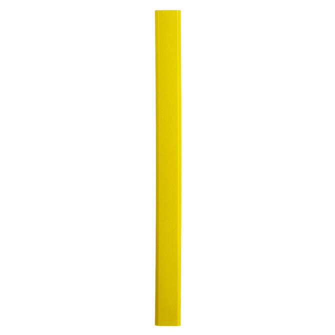 A yellow carpenter pencil with a rectangular shape and a logo on the surface.