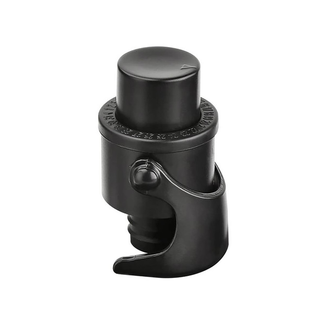 A black champagne stopper with a hook design and a sealing mechanism for bottles. It features a logo on the side.