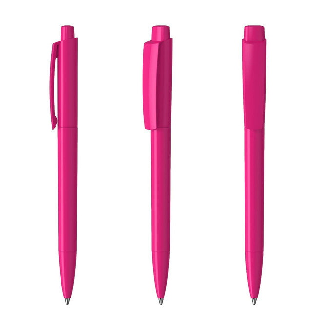 A set of three high-gloss plastic pens in vibrant pink, featuring different cap styles and a logo.