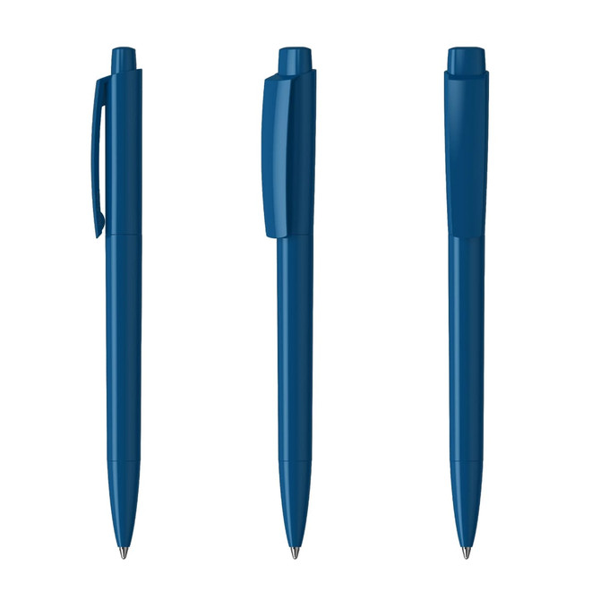A set of blue plastic pens displayed from different angles, featuring a clip and a smooth design.