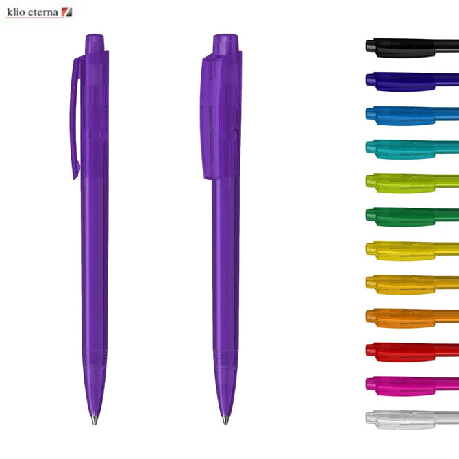 A transparent purple plastic pen with a clip, accompanied by various other coloured pens in a row.
