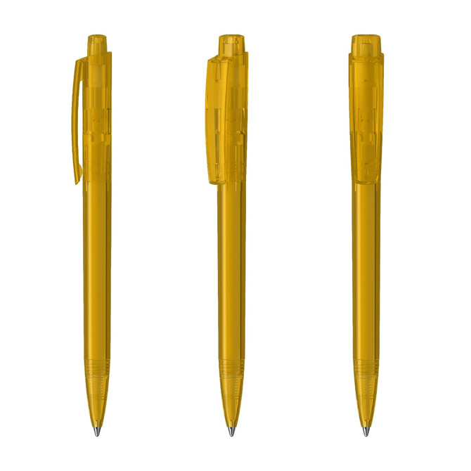 A set of three transparent yellow plastic pens with visible inner mechanisms and clips. Each pen has a different position.