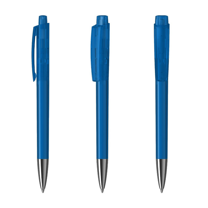 A set of three blue plastic pens with transparent bodies and silver tips, featuring a logo on the side.