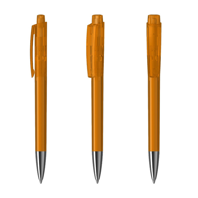 A plastic pen with a transparent orange barrel and silver accents, featuring a clip and retractable tip.