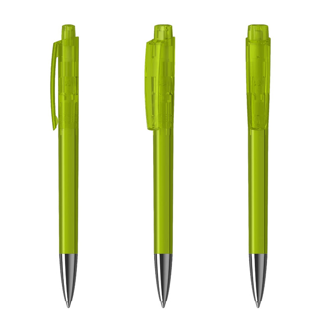 A set of three transparent green plastic pens with silver tips, featuring a clip and a branding logo.