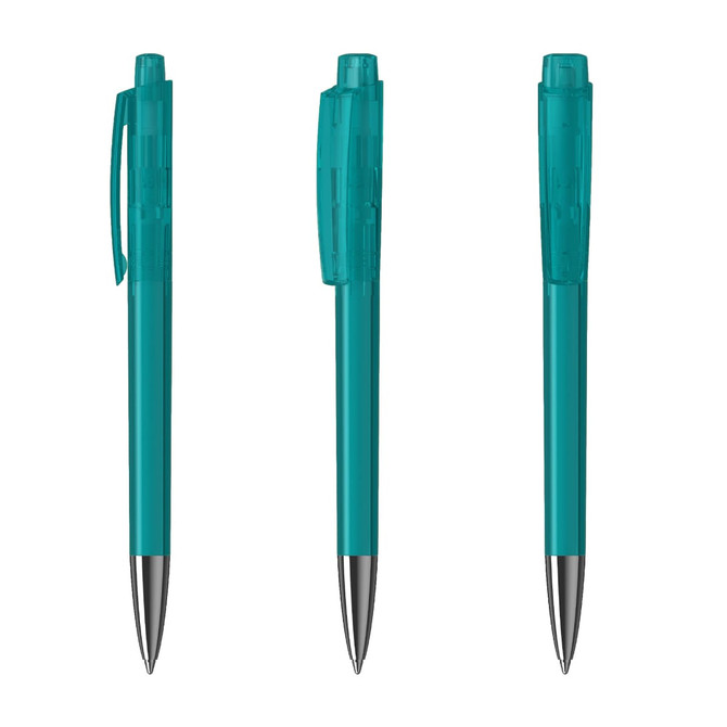 A teal plastic pen with a transparent barrel and a silver nib, featuring a clip and a logo.