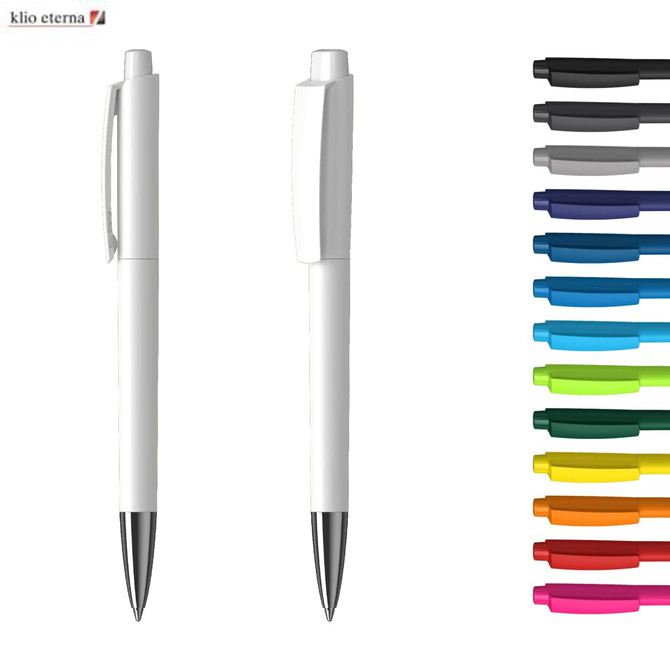 A metal pen in white with a shiny finish, featuring a clip and a variety of ink colours displayed alongside.
