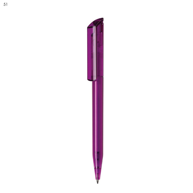 A purple plastic pen with a sleek design and a clip on the side. It has a branding logo on the barrel.