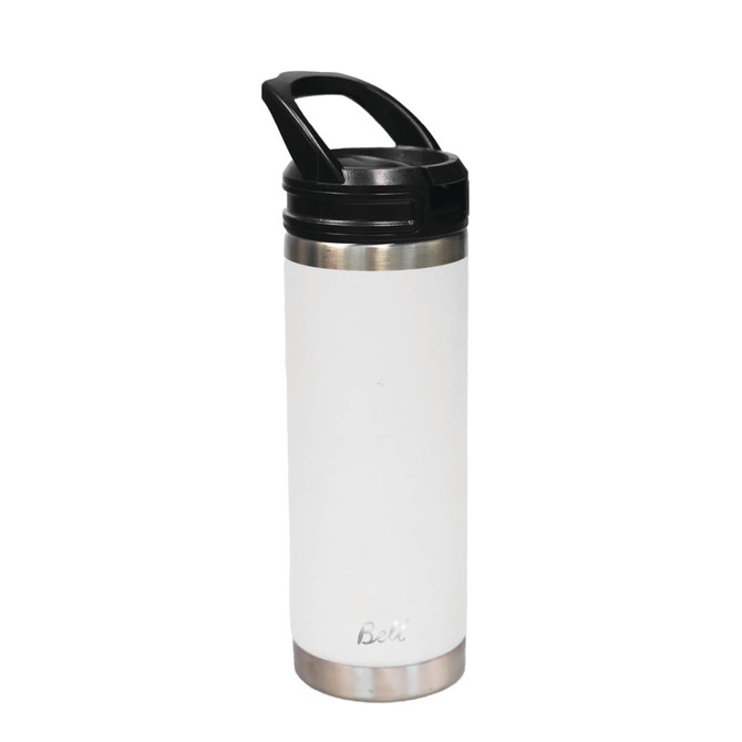 A drink bottle in white with a stainless steel base and a black sipper handle, featuring a logo.