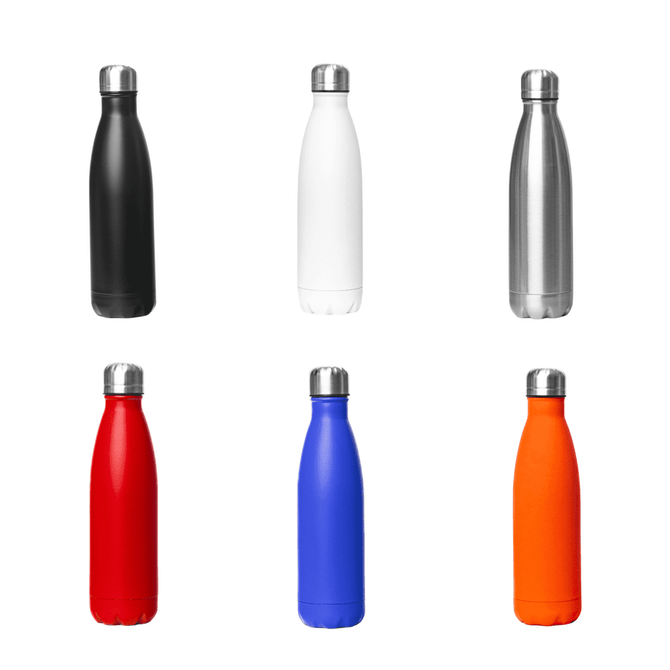 A drink bottle collection featuring black, white, stainless steel, red, blue, and orange colours with steel lids and a branding logo.