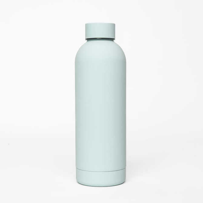 A drink bottle featuring a light mint green double wall design and a logo. Suitable for thermos use.
