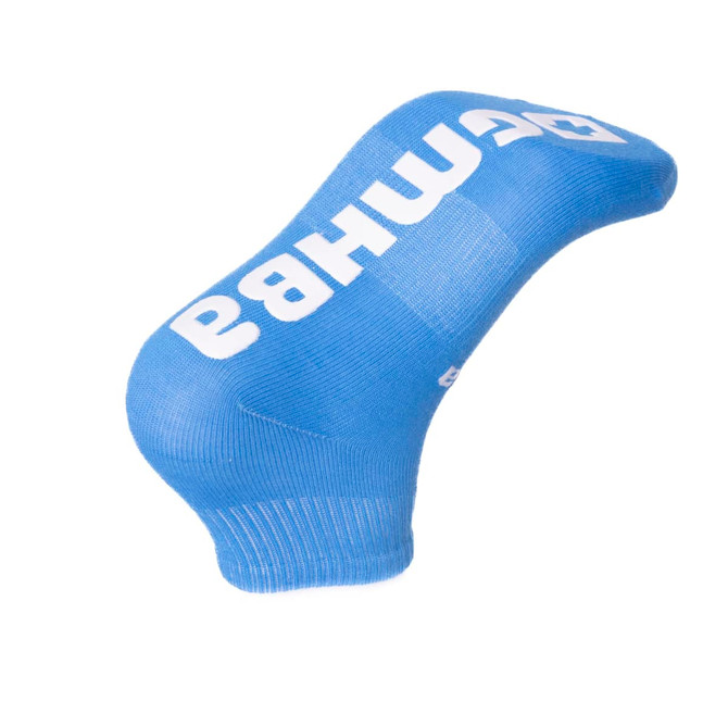 Blue short gripper sock featuring a logo, designed for comfortable fit and grip.