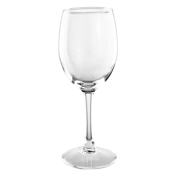 A clear glass wine glass with a tall stem and wide bowl, featuring a minimalist design.