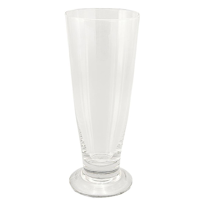 A clear, tall beer glass with a tapered design and a sturdy base.