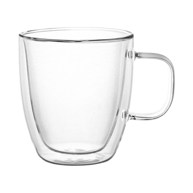 A double-walled clear glass cup with a handle, designed for beverages, showcasing its sleek, modern design.