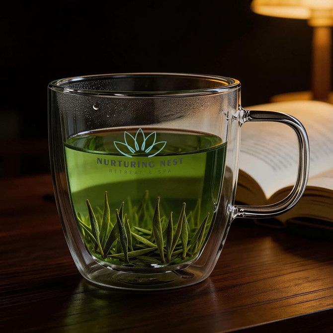 A double wall glass cup with a transparent design, featuring green tea and a handle, on a wooden table.