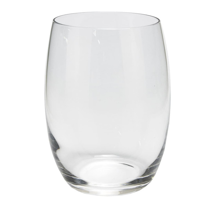 A clear glass wine glass with a smooth, rounded shape, featuring a thick base and no visible branding.