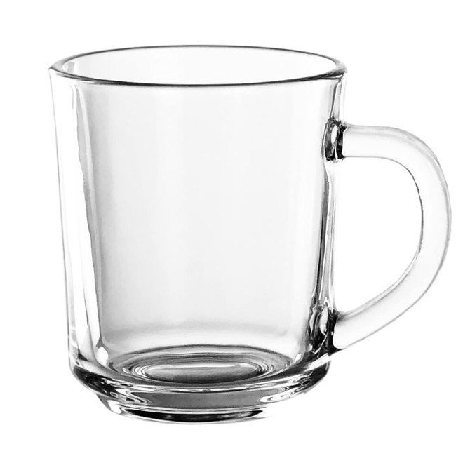 A glass mug with a clear design and a sturdy handle, featuring a simple, modern shape.