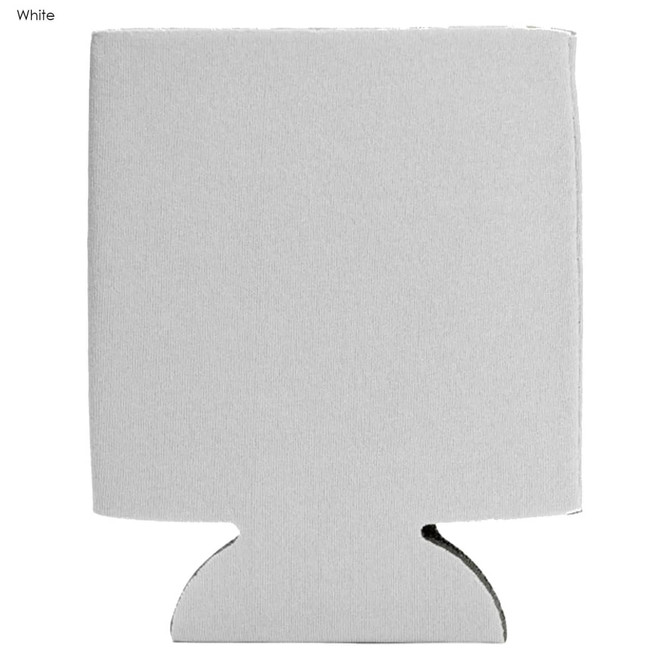 A white foam stubby cooler with a cut-out base and a smooth surface. It features a logo.