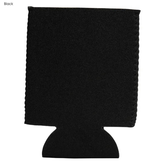 A black neoprene stubby cooler featuring a textured surface and a base designed to hold drink bottles securely.