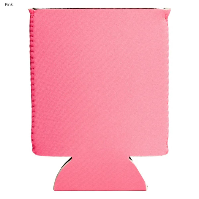 A pink neoprene stubby cooler with a shaped base and featuring a logo.