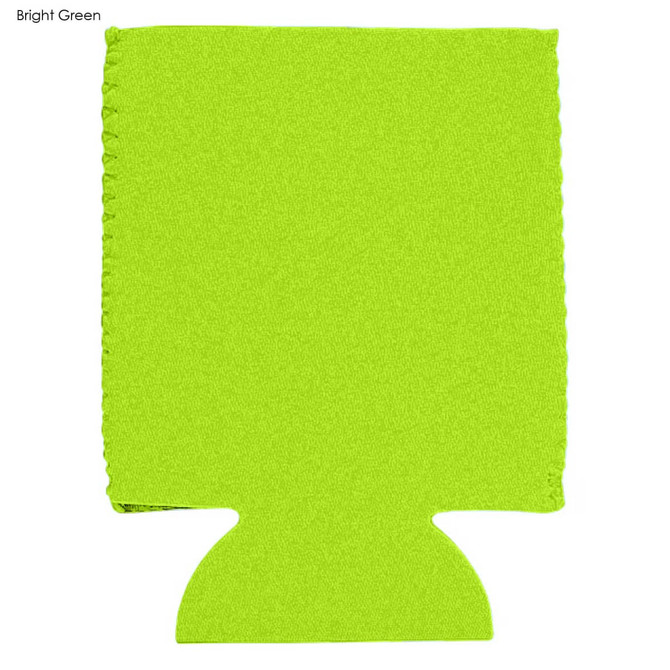 A bright green neoprene stubby cooler with a base cut-out and stitching detail. Features a logo.