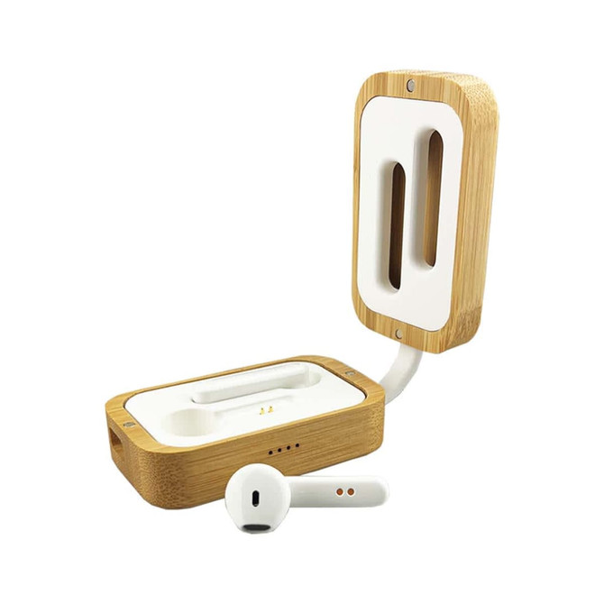 Bamboo wireless earbuds with a white charging case, featuring a brand logo and a natural wood finish.