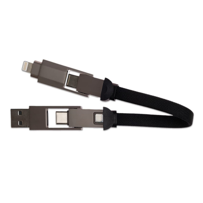 A 4-in-1 charging cable in black and gray with multiple connector options. It features a logo on the cable.