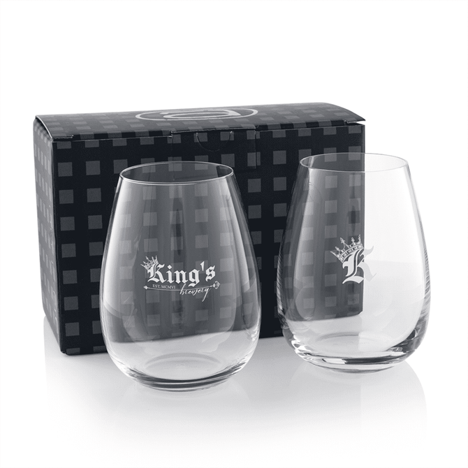 A twin pack of stemless wine glasses, clear glass with a black patterned box and a logo on each glass.