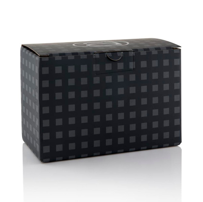 A boxed product in a black checkered design, featuring a logo on the top.