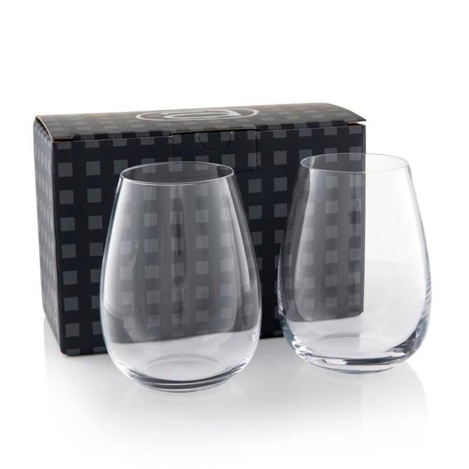 A set of two clear, stemless wine glasses in a black checkered box, featuring a logo.