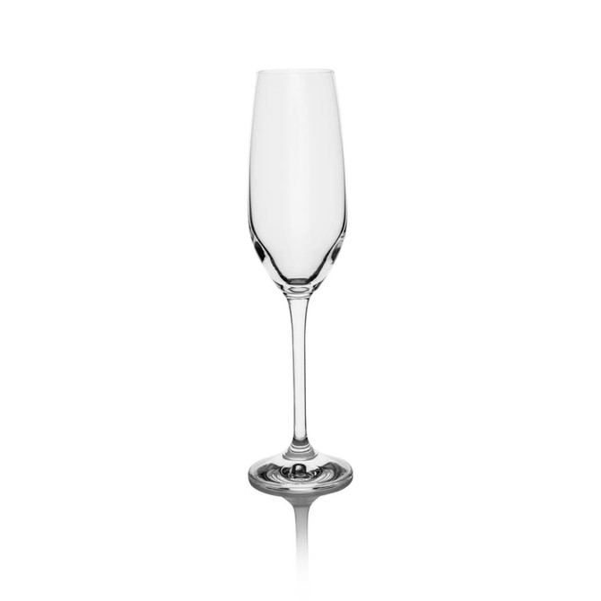 A clear glass champagne flute with a slender shape and a smooth, polished finish. It has a circular base and a tall stem.