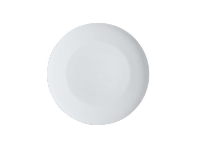 A white Cashmere Bone China coupe dinner plate with a smooth, glossy finish and a rounded edge. It features a branding logo.