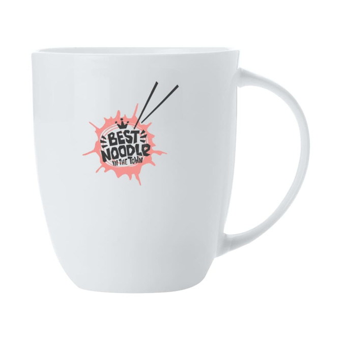 A white coupe mug featuring a logo with chopsticks and the text "The Best Noodle in the Town."