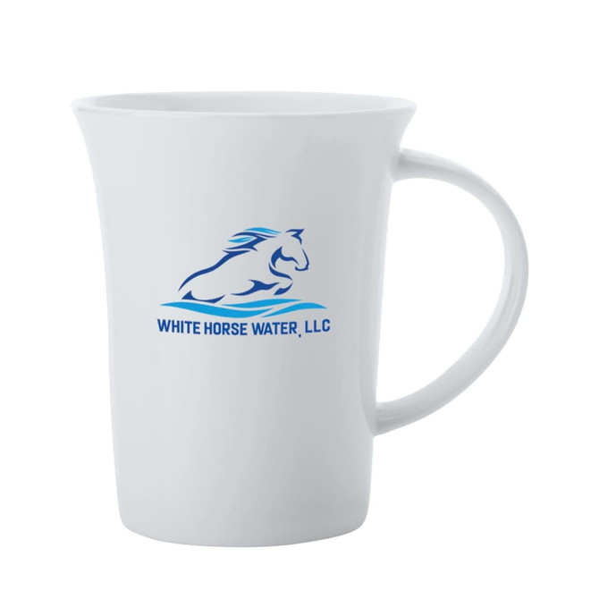 A white flared mug made of bone china with a logo and a handle, ideal for hot beverages.