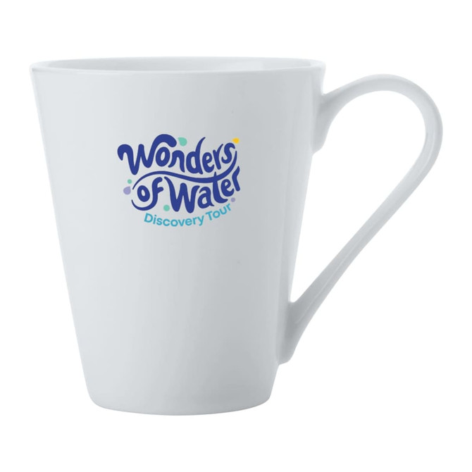 A white conical mug featuring a logo. Ideal for coffee and other hot beverages.