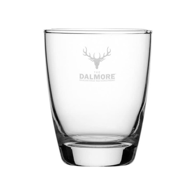 A glass tumbler featuring a clear design and a logo at the base. Ideal for serving beverages.