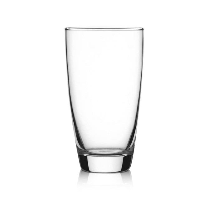 A clear, tall glass with a sturdy base, designed as a hi-ball glass. It has a smooth finish and minimalist style.