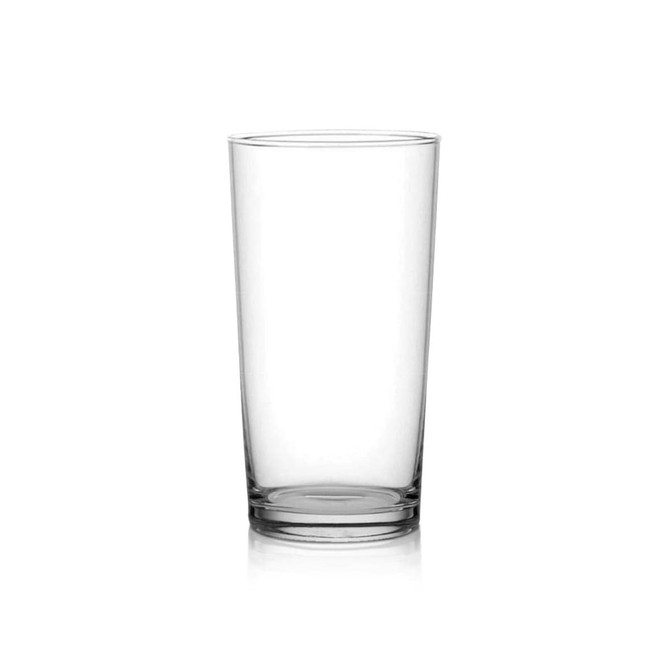 A clear glass beer glass with a tall, straight design, featuring a simple, classic appearance.