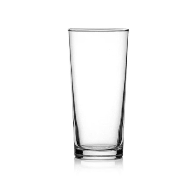 A clear, tall beer glass with a smooth, transparent design. It features a simple, round base and no additional markings.