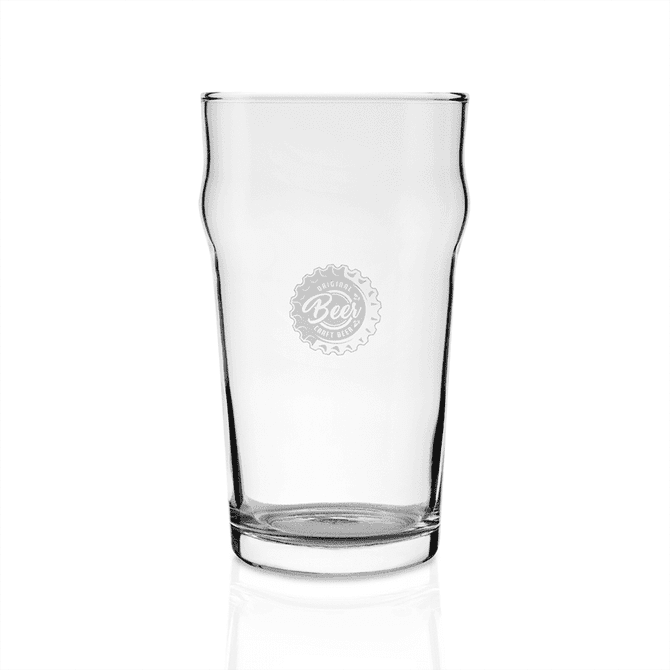 A clear glass beer glass with a distinctive shape and logo on its surface.