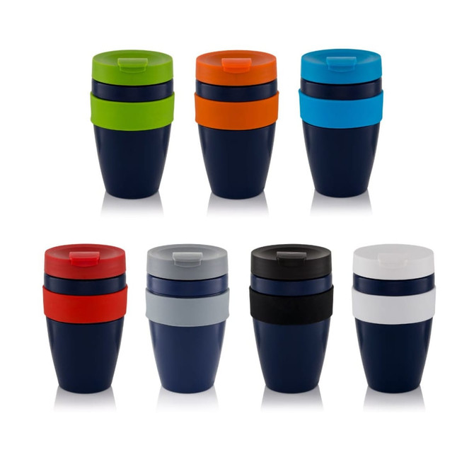 A collection of eight Mi-Cup Travel Mugs in various colours, featuring contrasting lids and grips, some with logos.