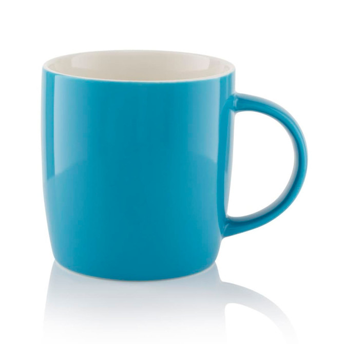 A blue ceramic barrel mug featuring a smooth outer surface and a white interior. The mug has a comfortable handle and includes branding.