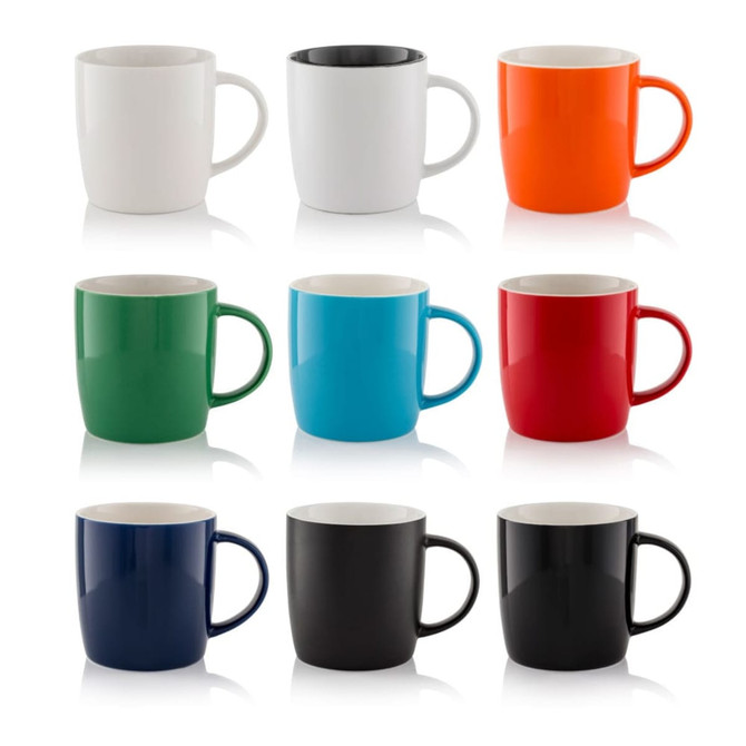 A collection of nine coffee mugs in various colours, including white, orange, green, blue, red, navy, and black, each with a handle.