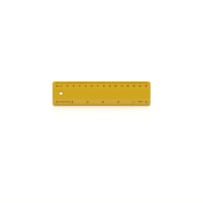 A yellow 15cm ruler with measurements marked in both centimetres and inches, featuring a hole for hanging.