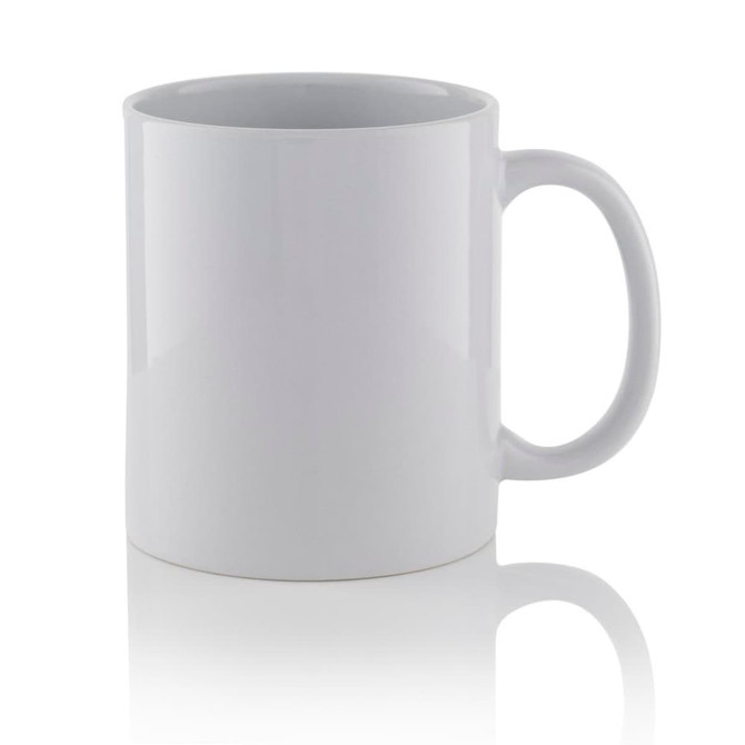 A white classic can mug with a smooth surface and a handle, featuring a simple design.