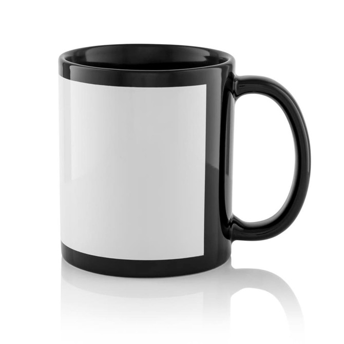 A black can mug with a white window area for customization, featuring a classic handle design.