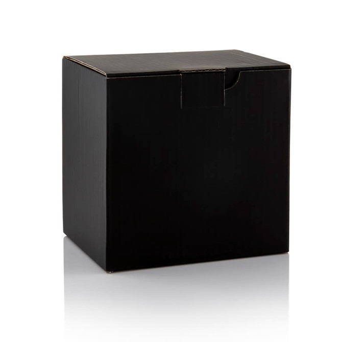 A black box with a simple design, featuring a flap-style opening. Suitable for packaging various items.